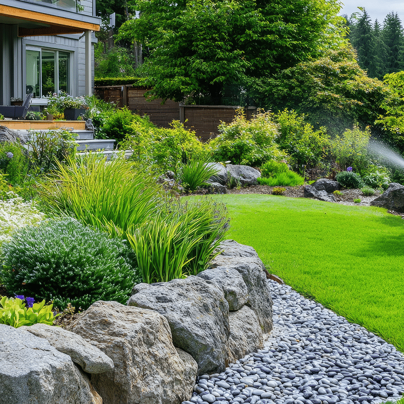 Maison moderne avec jardin paysager luxuriant. Une pelouse verte est bordée d'un mur de rochers et d'un chemin de galets. Plantes variées et arroseur actif.
