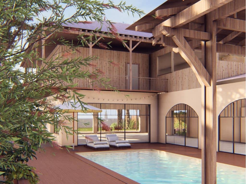 Villa de Luxe avec Piscine Extérieure et Terrasse en Bois Villa moderne avec piscine, terrasse en bois, transats et façade boisée sous un ciel ensoleillé.