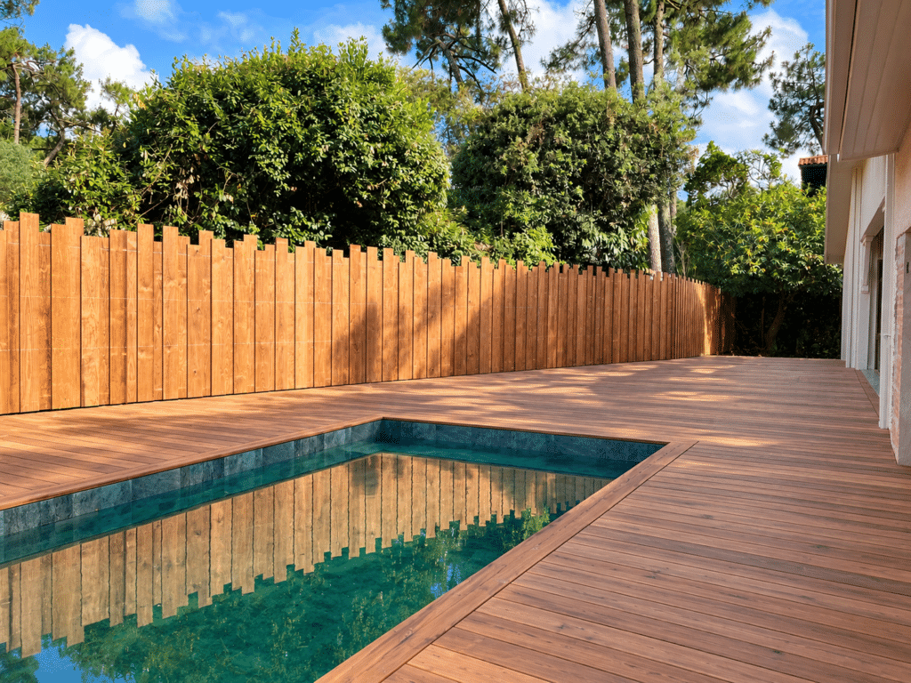 Terrasse et clôture en bois massif autour d'une piscine rectangulaire dans un jardin paysager moderne et arboré.